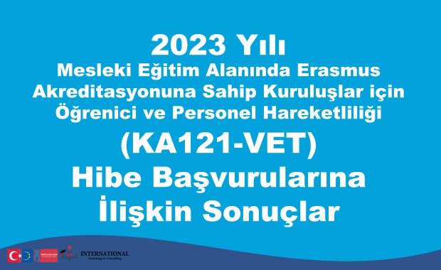 2023 Yılı Mesleki Eğitim Alanında Erasmus Akreditasyonuna Sahip Kuruluşlar için Öğrenici ve Personel Hareketliliği (KA121-VET) Hibe Başvurularına İlişkin Sonuçlar