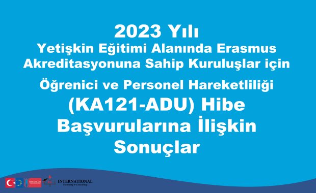 2023 Yılı Yetişkin Eğitimi Alanında Erasmus Akreditasyonuna Sahip Kuruluşlar için Öğrenici ve Personel Hareketliliği (KA121-ADU) Hibe Başvurularına İlişkin Sonuçlar